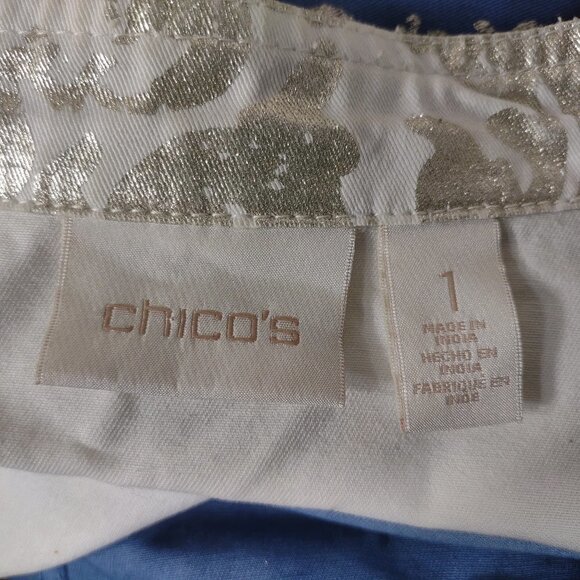 Chico's ombre blue white silver damask open front denim jacket ladies size 1 - Picture 6 of 7